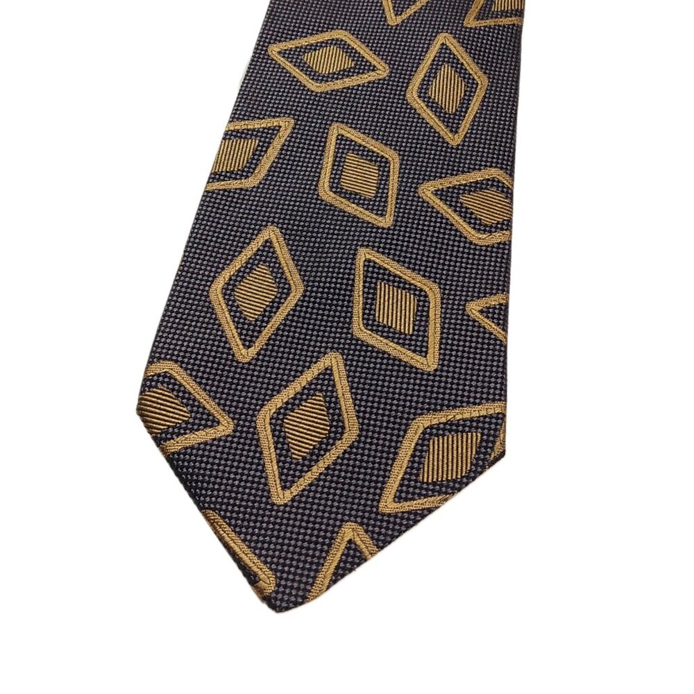 Dupont Men’s Silk Tie Brown Gold Geometric Long 62 inch Designer Tie New